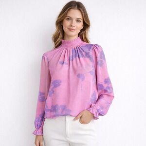 Tucker Stella Silk Crepe Blouse Pink Lilac Floral Smocked Neck Womens Medium Top